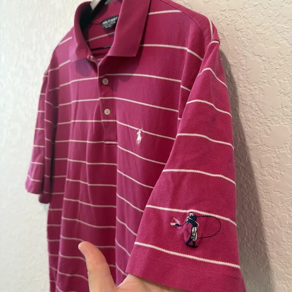 Vintage Polo Golf Ralph Lauren Embroidered Dark Pink White Striped Pima Cotton